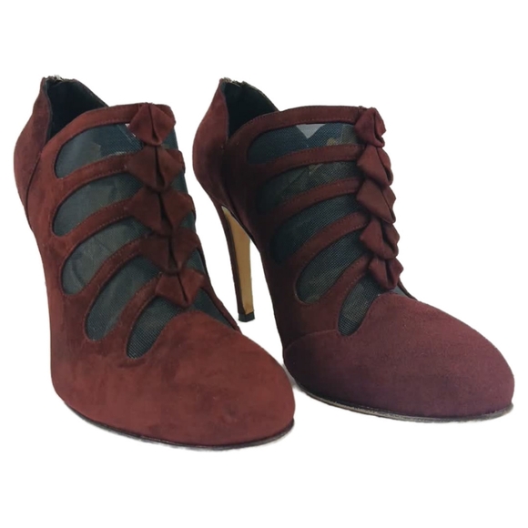 Sarah Flint Burgundy Blake Ankle Boots Suede Booties Mesh Cutouts Pumps Heels - Picture 15 of 15